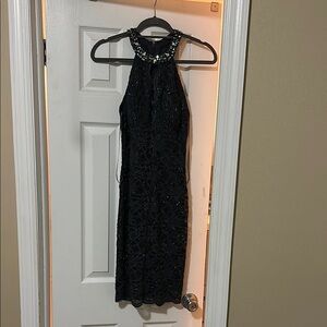 Elegant Black Halter Dress with Beaded Neckline